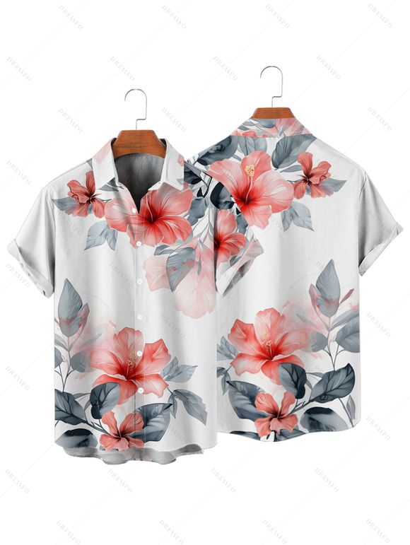 Chemise de Vacances Hawaii D'Encre Motif de Feuille Fleurie Boutonnée à Manches Roulées - Blanc 4XL