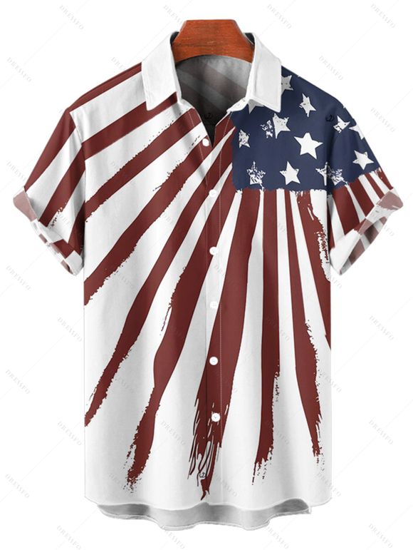 Independence Day Couple Outfit Star Striped Pattern O Ring V Neck A Line Mini Dress and Roll Up Sleeve Shirt Patriotic Matching Outfit - Blanc S | US 4
