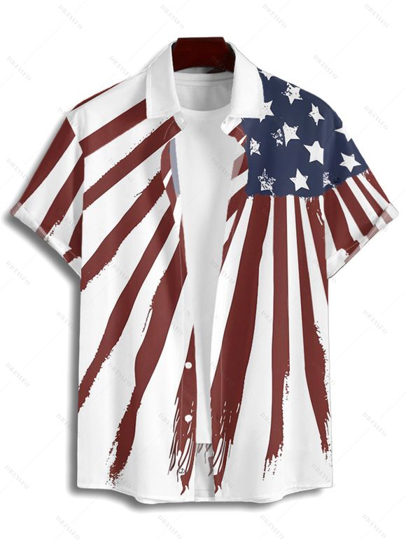 Independence Day Couple Outfit Star Striped Pattern O Ring V Neck A Line Mini Dress and Roll Up Sleeve Shirt Patriotic Matching Outfit - Blanc S | US 4