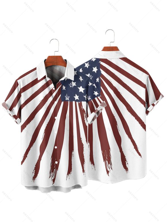 Independence Day Couple Outfit Star Striped Pattern O Ring V Neck A Line Mini Dress and Roll Up Sleeve Shirt Patriotic Matching Outfit - Blanc S | US 4