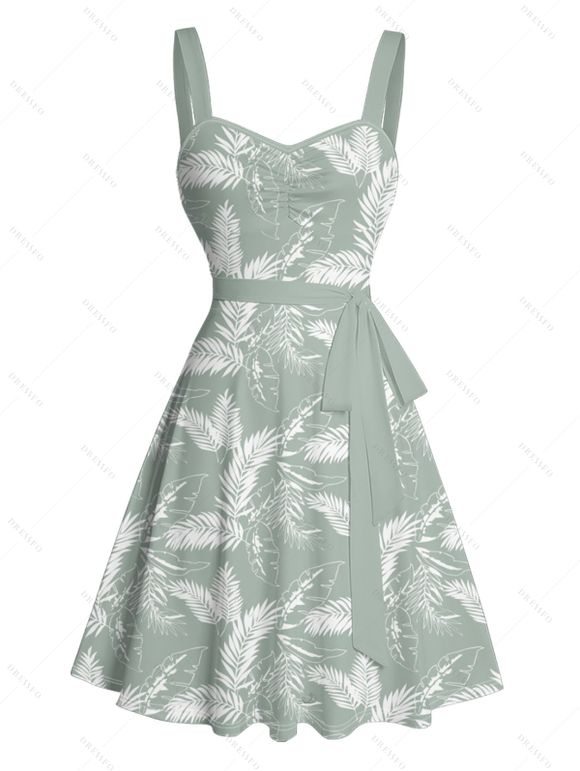Hawaii Couple Outfit Allover Tropical Leaf Pattern Ruched Bust Belt Sweetheart Neck A Line Mini Dress and Roll Up Sleeve Shirt Vacation Matching Outfit - Vert clair S | US 4