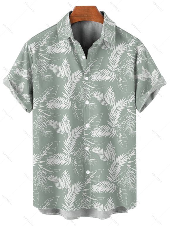 Hawaii Couple Outfit Allover Tropical Leaf Pattern Ruched Bust Belt Sweetheart Neck A Line Mini Dress and Roll Up Sleeve Shirt Vacation Matching Outfit - Vert clair S | US 4