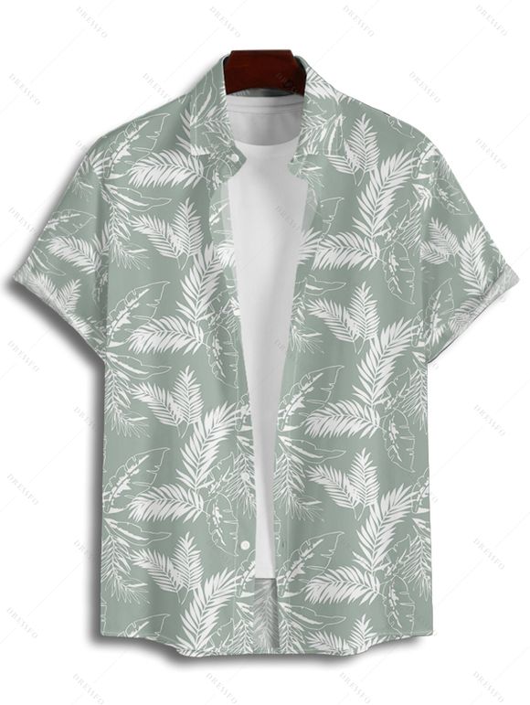 Hawaii Couple Outfit Allover Tropical Leaf Pattern Ruched Bust Belt Sweetheart Neck A Line Mini Dress and Roll Up Sleeve Shirt Vacation Matching Outfit - Vert clair S | US 4