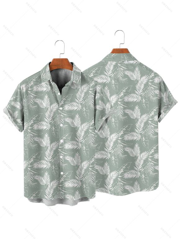 Hawaii Couple Outfit Allover Tropical Leaf Pattern Ruched Bust Belt Sweetheart Neck A Line Mini Dress and Roll Up Sleeve Shirt Vacation Matching Outfit - Vert clair S | US 4