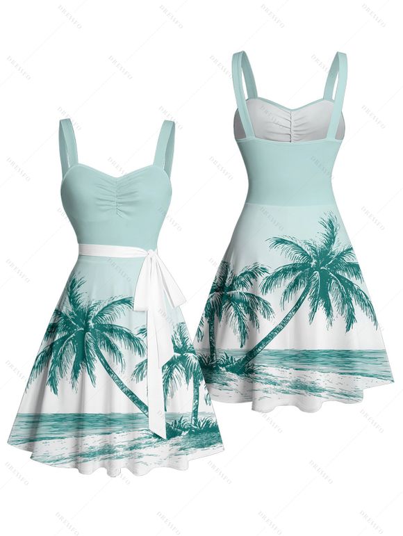 Mini Robe de Plage Hawaiien Palmier Imprimé Ceinturée - Vert clair XXXL | US 16