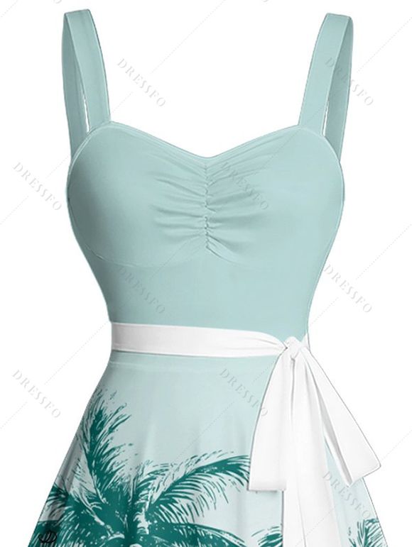 Mini Robe de Plage Hawaiien Palmier Imprimé Ceinturée - Vert clair XXXL | US 16