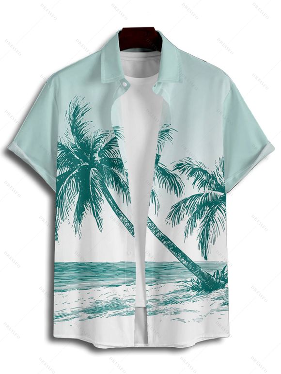 Chemise de Plage de Vacances Arbre de Palmier Imprimée Boutonnée à Manches Courtes - Vert clair 4XL