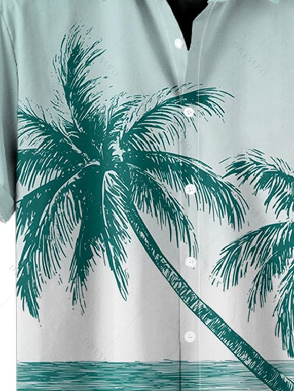 Chemise de Plage de Vacances Arbre de Palmier Imprimée Boutonnée à Manches Courtes - Vert clair 4XL