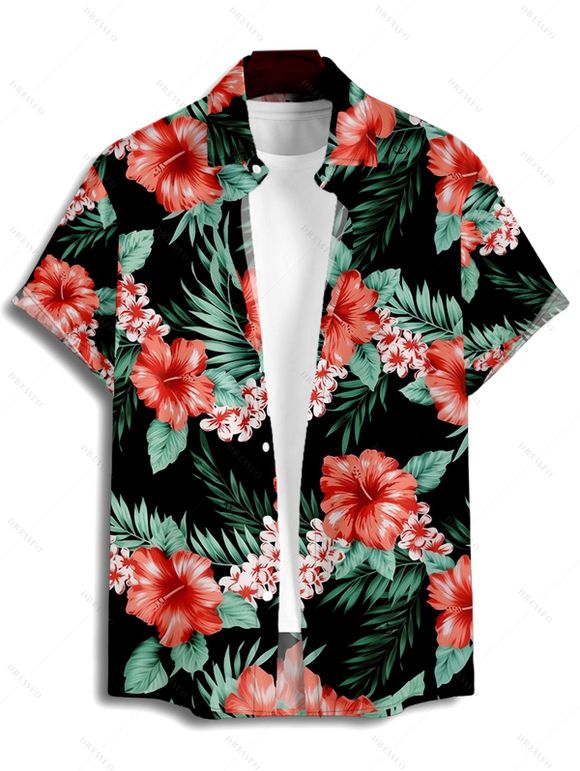 Chemise de Vacances Hawaii Boutonnée Motif de Floral Tropical à Manches Roulées - Noir XL