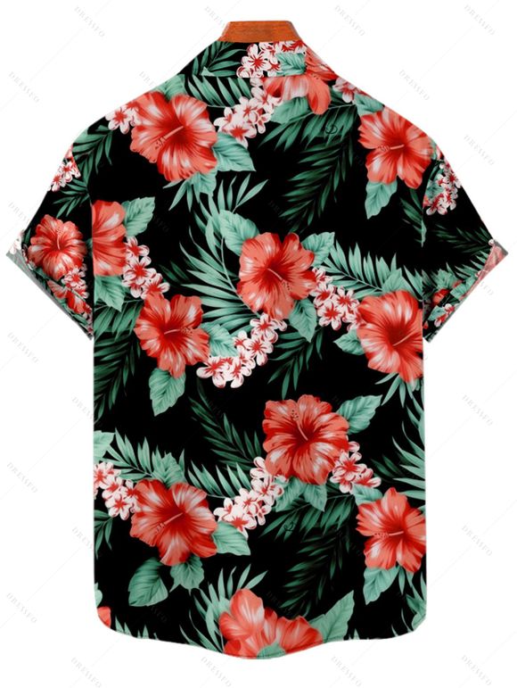 Chemise de Vacances Hawaii Boutonnée Motif de Floral Tropical à Manches Roulées - Noir XL