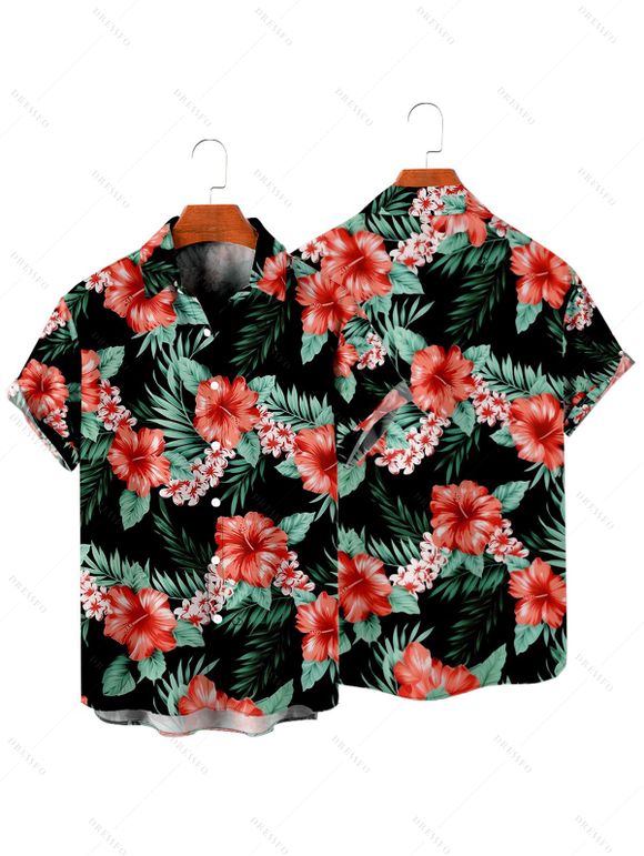 Chemise de Vacances Hawaii Boutonnée Motif de Floral Tropical à Manches Roulées - Noir XL