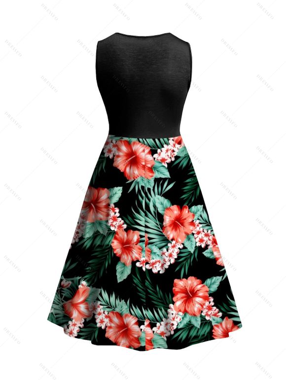 Mini Robe Hawaï Ligne A Boutonnée Motif Fleuri à Col Rond - Noir L | US 8-10