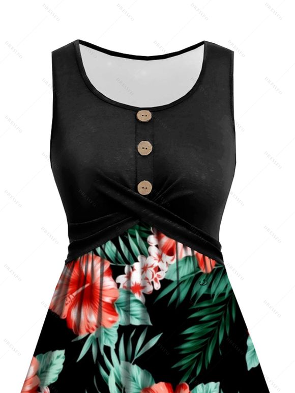 Mini Robe Hawaï Ligne A Boutonnée Motif Fleuri à Col Rond - Noir L | US 8-10