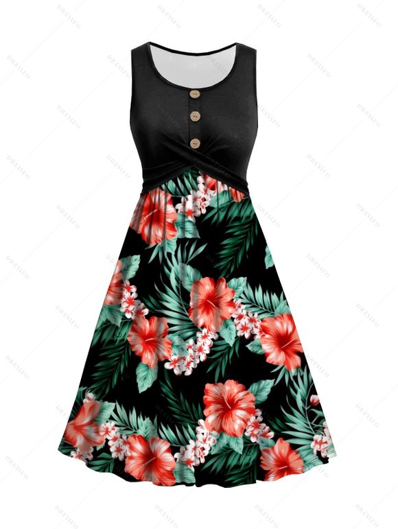 Vacation Couple Tropical Floral Pattern Spaghetti Strap A Line Mini Tank Dress and Roll Up Sleeve Shirt Matching Outfit - Noir S | US 4