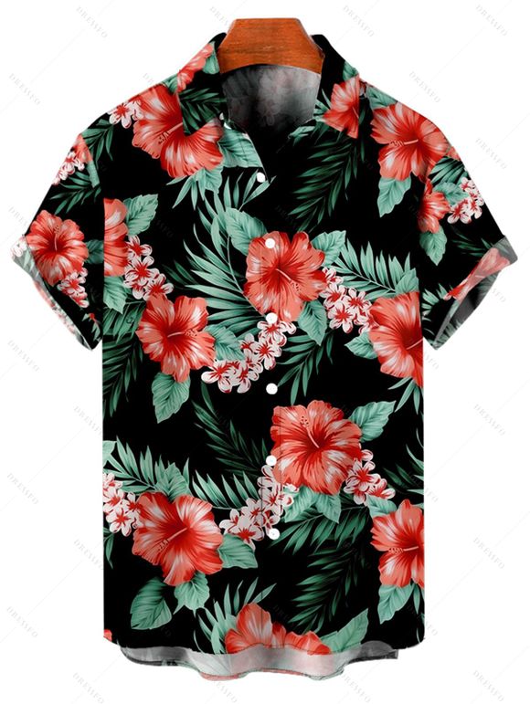 Vacation Couple Tropical Floral Pattern Spaghetti Strap A Line Mini Tank Dress and Roll Up Sleeve Shirt Matching Outfit - Noir S | US 4