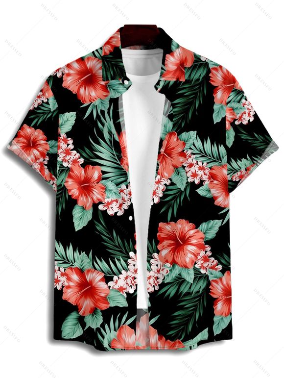 Vacation Couple Tropical Floral Pattern Spaghetti Strap A Line Mini Tank Dress and Roll Up Sleeve Shirt Matching Outfit - Noir S | US 4