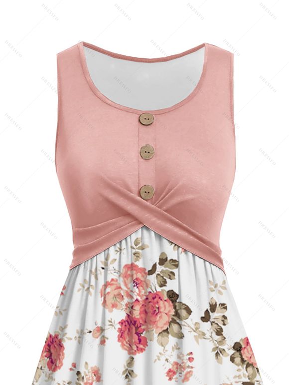 Robe Fleurie Imprimée Croisée sans Manches avec Bouton à Col Rond Fausse Deux Pièces - Rose clair S | US 4