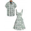 Hawaii Couple Outfit Allover Tropical Leaf Pattern Ruched Bust Belt Sweetheart Neck A Line Mini Dress and Roll Up Sleeve Shirt Vacation Matching Outfit - Vert clair S | US 4