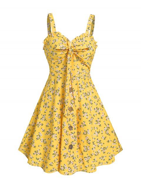 Allover Floral Pattern Ruffle Bowknot Empire Waist Vacation Dress Sleeveless Mini A Line Dress
