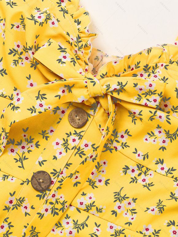 Robe Courte Florale Volantée à Taille Empire Grande Taille - Jaune XL | US 12
