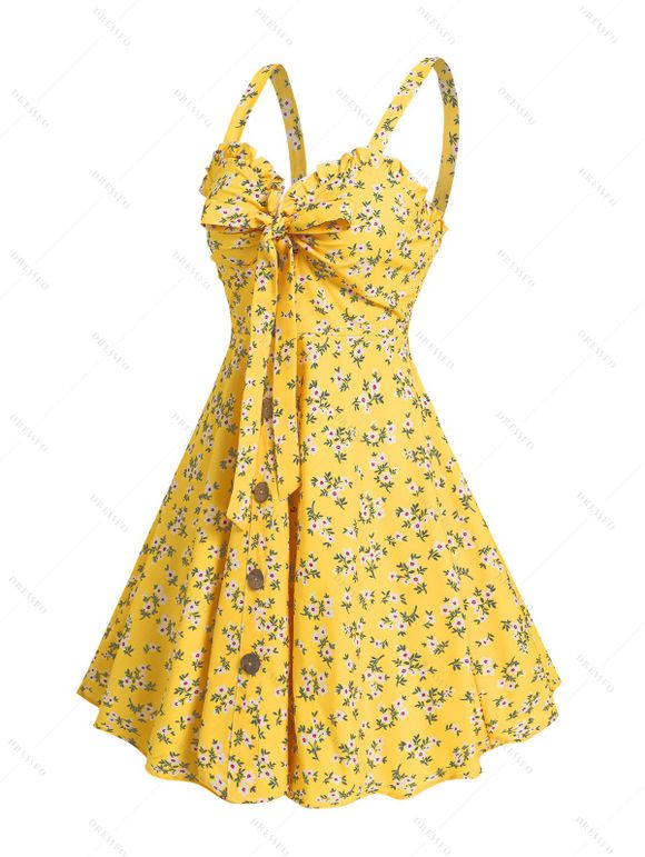 Robe Courte Florale Volantée à Taille Empire Grande Taille - Jaune XL | US 12