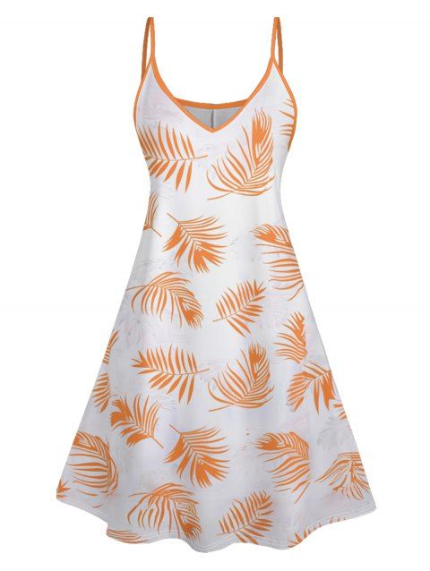 Mini-Robe Hawaïen Ligne A Motif de Feuille Palmier à Bretelle Fine à Col V