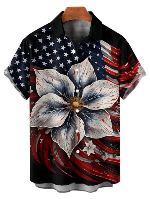 Chemise Décontractée Boutonnée Drapeau Américain à Manches Roulées