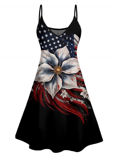 Mini Robe Ligne A Fleur Drapeau Américain à Bretelle Fine
