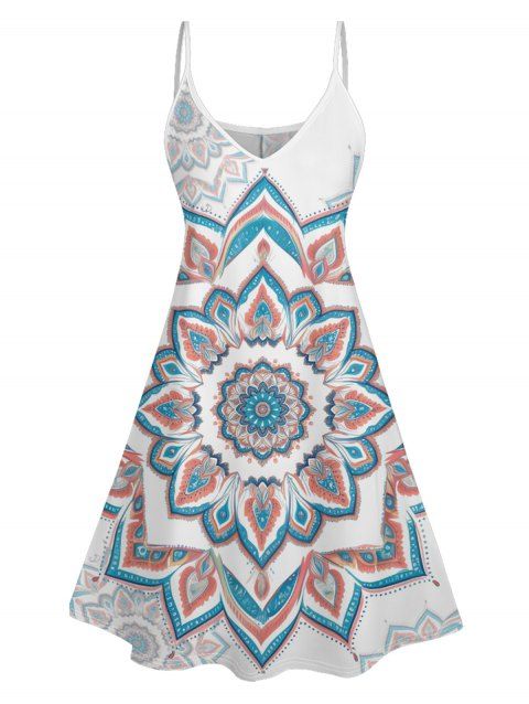 Mini Robe de Vacances Ligne A Motif de Fleur à Bretelle Fine à Col V