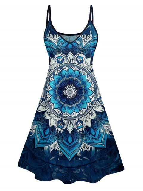Mandala Flower Printed Dress Spaghetti Strap V Neck A Line Mini Vacation Tank Dress