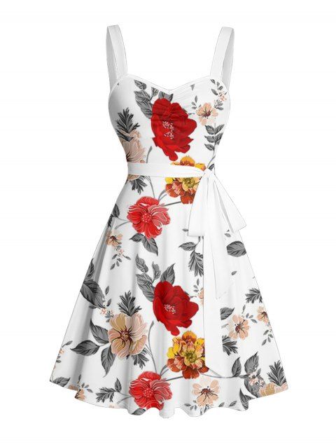 Mini Robe de Vacances Ligne A Motif de Feuille Fleurie Partout à Taille Empire