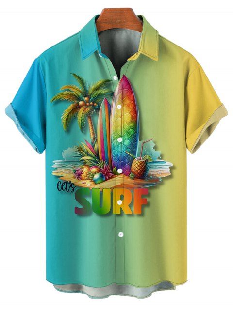 Chemise de Plage de Vacances Lettre Motif de Cocotier à Manches Roulées à Col Relevé
