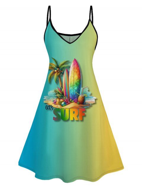Mini Robe de Plage Ligne A Ombrée Motif de Lettre et D'Arbre de Noix de Coco à Bretelle Fine