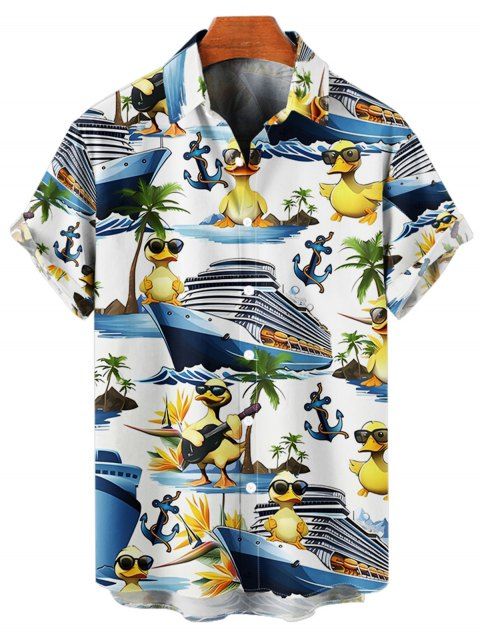 Chemise de Plage Boutonnée Motif de Canard Amusant Manches Roulées à Col Relevé