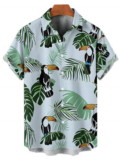 Chemise de Vacances Feuilles D'Arbre et Perroquet Imprimés Boutonnée à Manches Roulées pour Homme