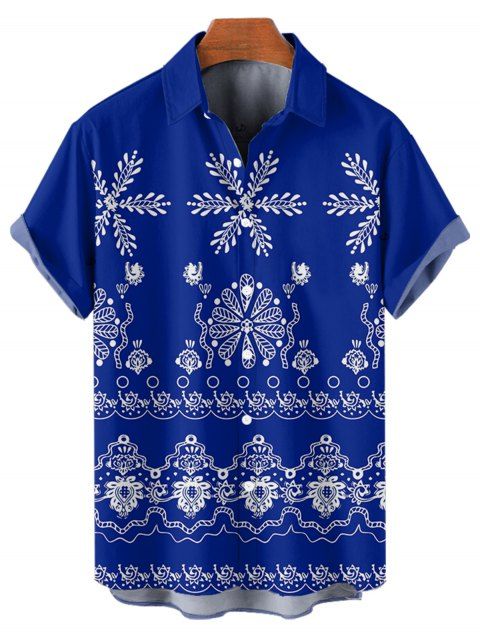 Chemise de Vacances Feuille Imprimée Boutonnée à Manches Roulées à Col Relevé