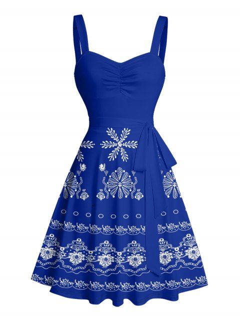 Mini Robe de Vacances Ligne A Feuille Imprimée à Taille Empire