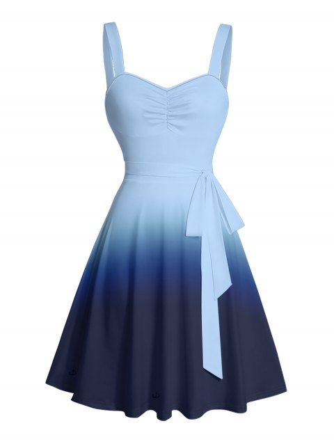 Ombre Ruched Bust Belt Dress Sweetheart Neck Empire Waist A Line Mini Casual Dress
