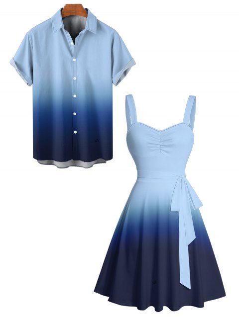 Casual Couple Outfit Ombre Ruched Bust Belt Sweetheart Neck A Line Mini Dress and Roll Up Sleeve Shirt Matching Outfit
