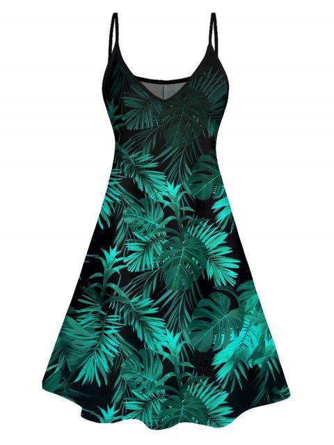 Mini Robe Ligne A Motif de Feuille Tropicale à Bretelle Fine à Col V