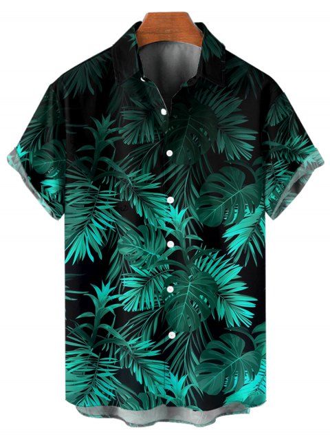 Chemise de Plage de Vacances Boutonnée Motif de Feuille Tropicale à Manches Roulées