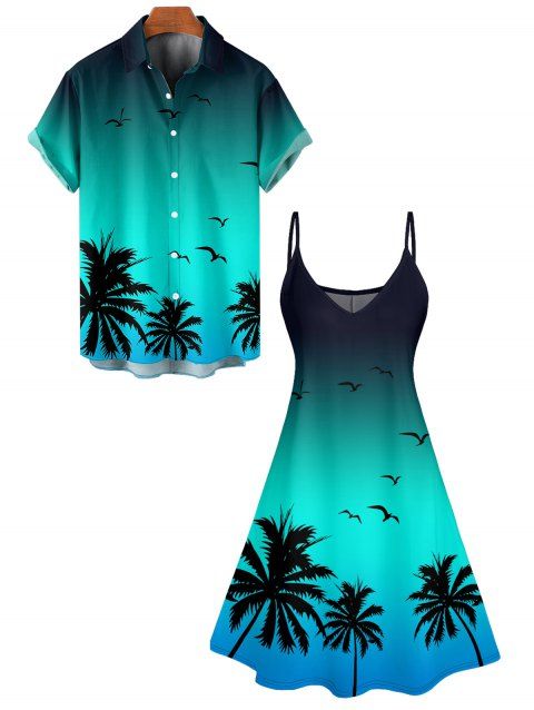 Vacation Couple Outfit Ombre Coconut Tree Seagulls Pattern Spaghetti Strap V Neck A Line Mini Tank Dress and Roll Up Sleeve Shirt Beach Matching Outfit
