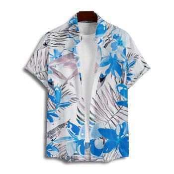 Vacation Couple Outfit Tropical Leaf Floral Print Ruched Bust Belt A Line Dress and Roll Up Sleeve Button Up Shirt Matching Outfit