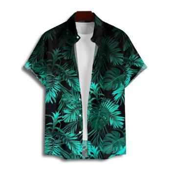 Vacation Couple Outfit Allover Tropical Leaf Pattern Spaghetti Strap V Neck A Line Mini Tank Dress and Roll Up Sleeve Shirt Beach Matching Outfit