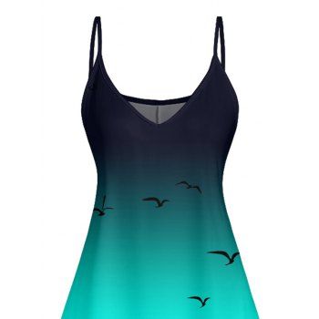 Ombre Coconut Tree Seagulls Pattern Vacation Dress Spaghetti Strap V Neck A Line Mini Tank Dress