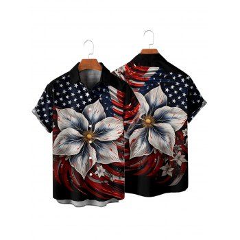 Men's American Flag Floral Pattern Independence Day Hawaii Shirt Button Up Roll Up Sleeve Patriotic Shirt
