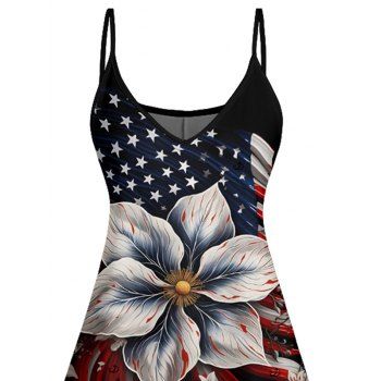 Independence Day American Flag Flower Pattern Dress Spaghetti Strap V Neck A Line Mini Patriotic Dress