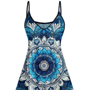 Mandala Flower Printed Dress Spaghetti Strap V Neck A Line Mini Vacation Tank Dress