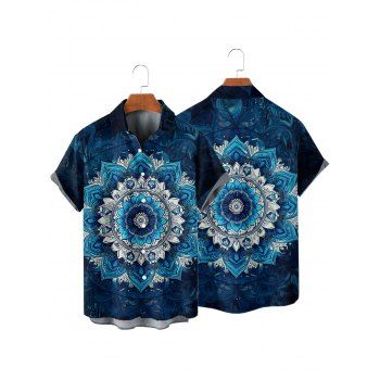 Vacation Couple Outfit Mandala Flower Printed Spaghetti Strap V Neck A Line Mini Tank Dress and Roll Up Sleeve Shirt Matching Outfit