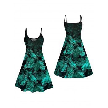 Allover Tropical Leaf Pattern Vacation Dress Spaghetti Strap V Neck A Line Mini Tank Dress
